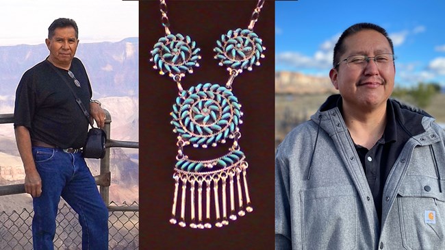 A collage of three photos: at left is Octavius Seowtewa standing in front of the Grand Canyon; at center is an intricate piece of needlepoint Zuni jewelry made of silver and turquoise; at right is Curtis Quam
