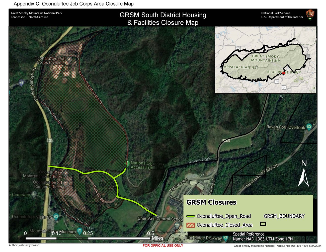 South district housing & facilities closure map. Bright green line east of Newfound Gap Road (open) enclosed by crisscrossed orange shading (closure) over field framed by river to west, job corps road to east, building to north. Scale: 0.5 miles