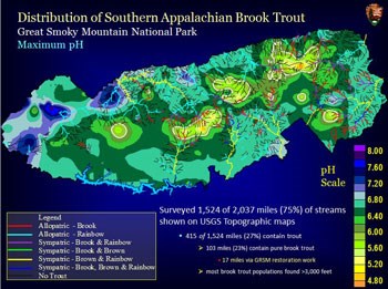 A map of Great Smoky Mountain National Park displaying the pH values of regions within the park.