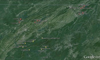 A map showing the sites sampled for didymo in eastern Tennessee.