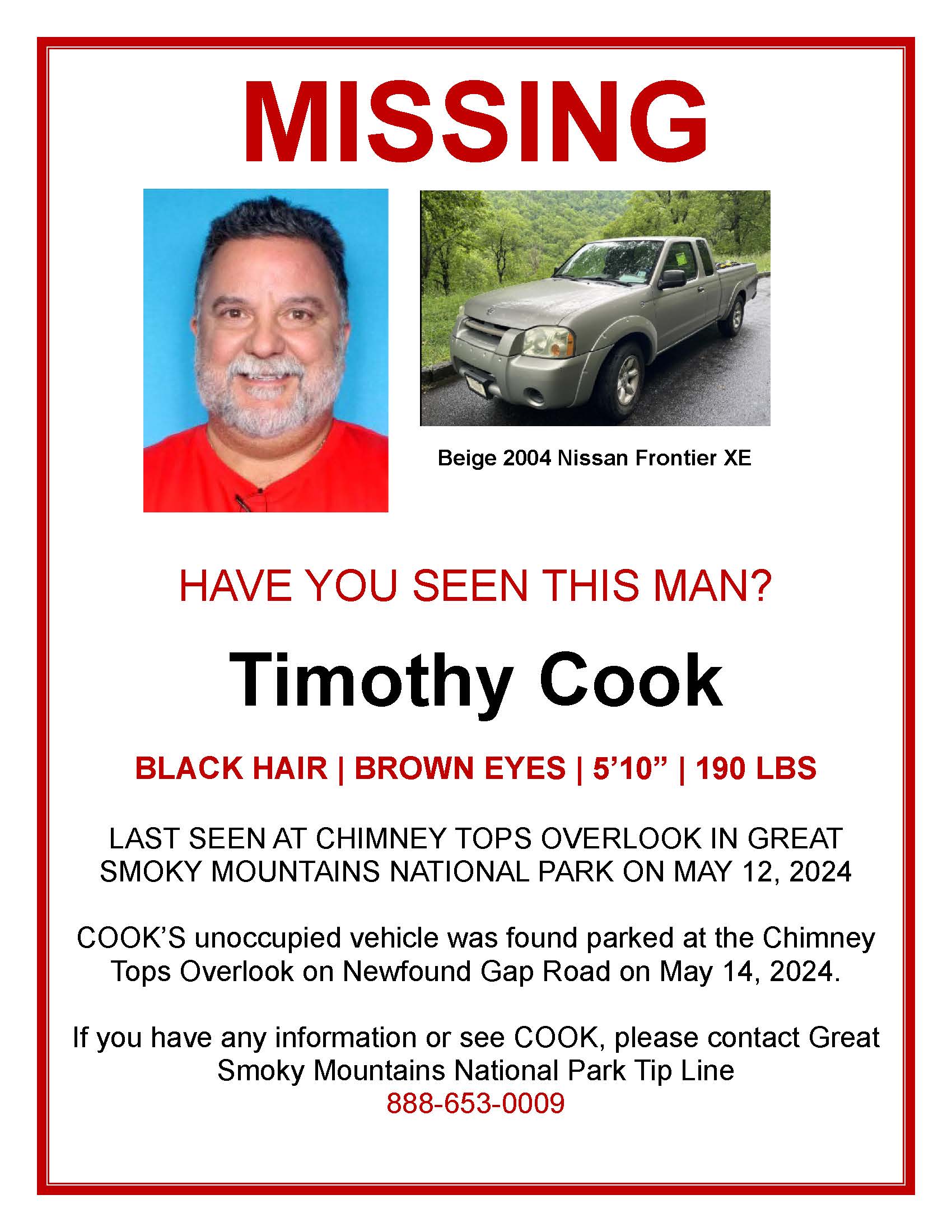 A missing person poster with text that says, "Have you seen this man?" A photo at the top of a smiling white male with black hair and a white beard beside a photo of a beige 2004 Nissan Frontier XE truck. Additional text as included in news release.