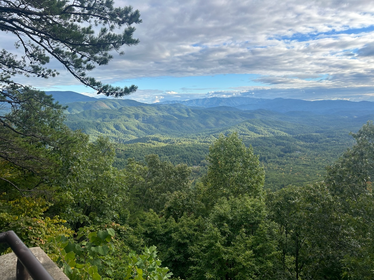 Rolling foothills covered in green trees, rising to expansive mountains in the background. A handrail and trees in foreground.