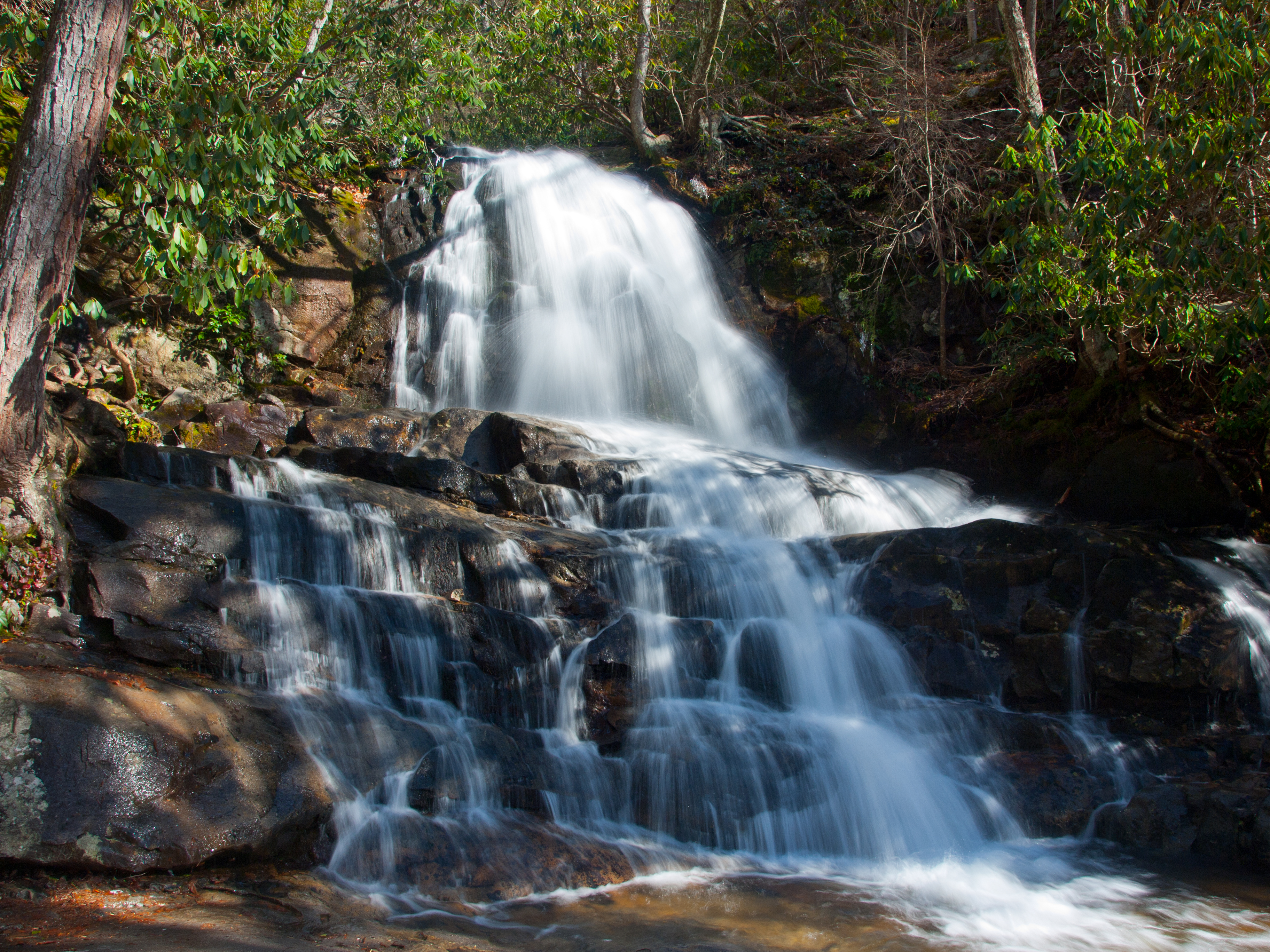 A two-tiered waterfall cascades over rocks, surrounded by trees.