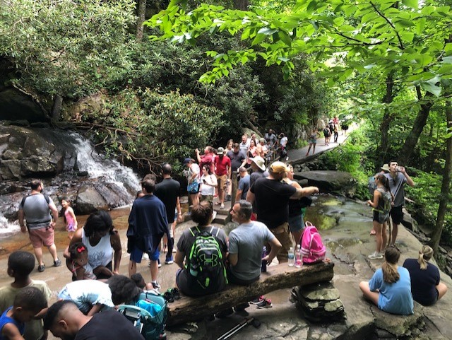 visitors crowd at Laurel Falls