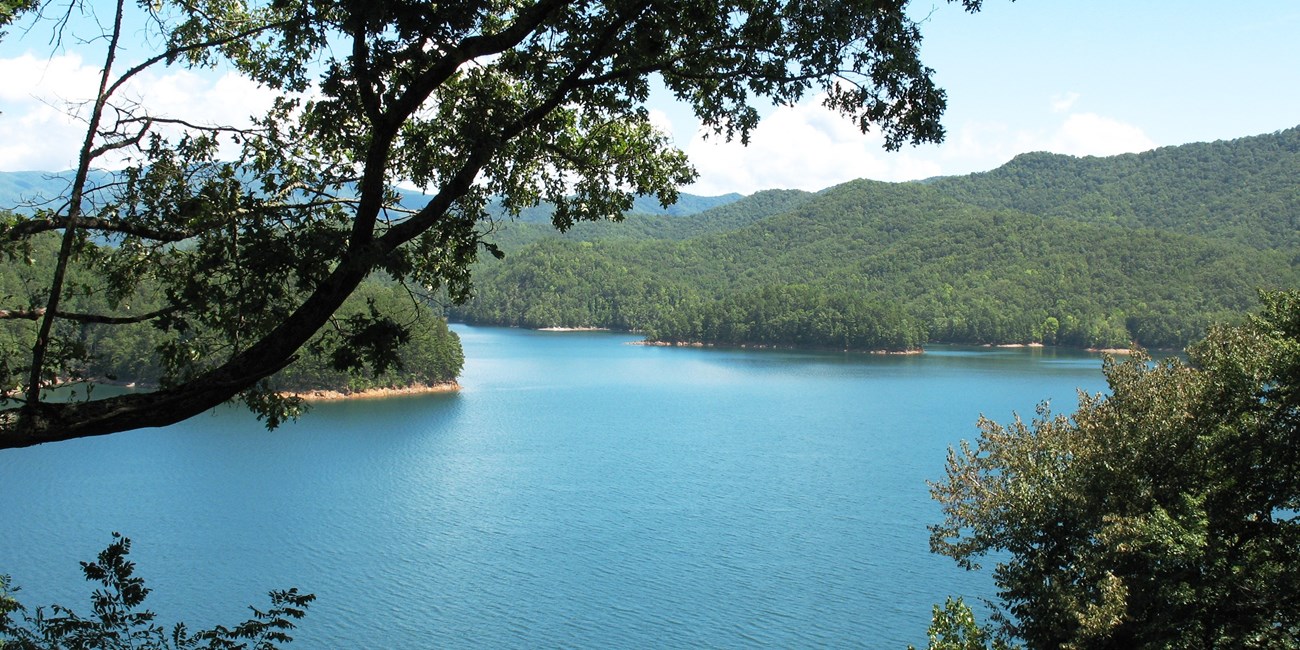 A lake surrounded by rolling hills covered in green trees.
