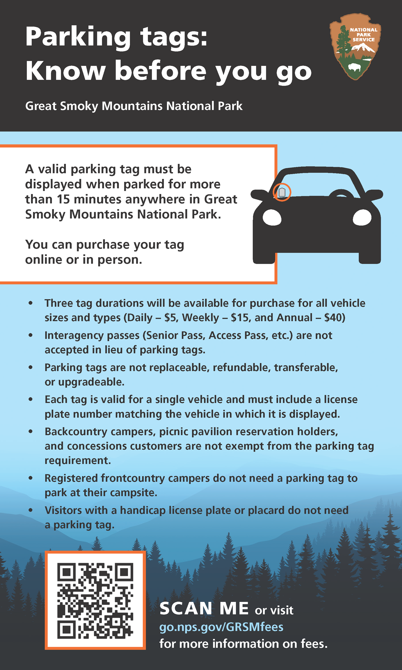 Infographic with a black header and National Park Service arrowhead logo in top right. A blue background with mountain & tree silhouettes fills the rest of the page with a car graphic, text about parking tag basics, and a QR code to go.nps.gov/GRSMfees.