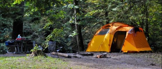 Orange tent set up in campground