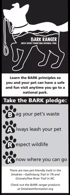 Bark Ranger graphic with dog icon and text on how to be a bark ranger, Take the bark pledge: Bag your pets waste, Always leash your pet, respect wildlife, know where you can go.