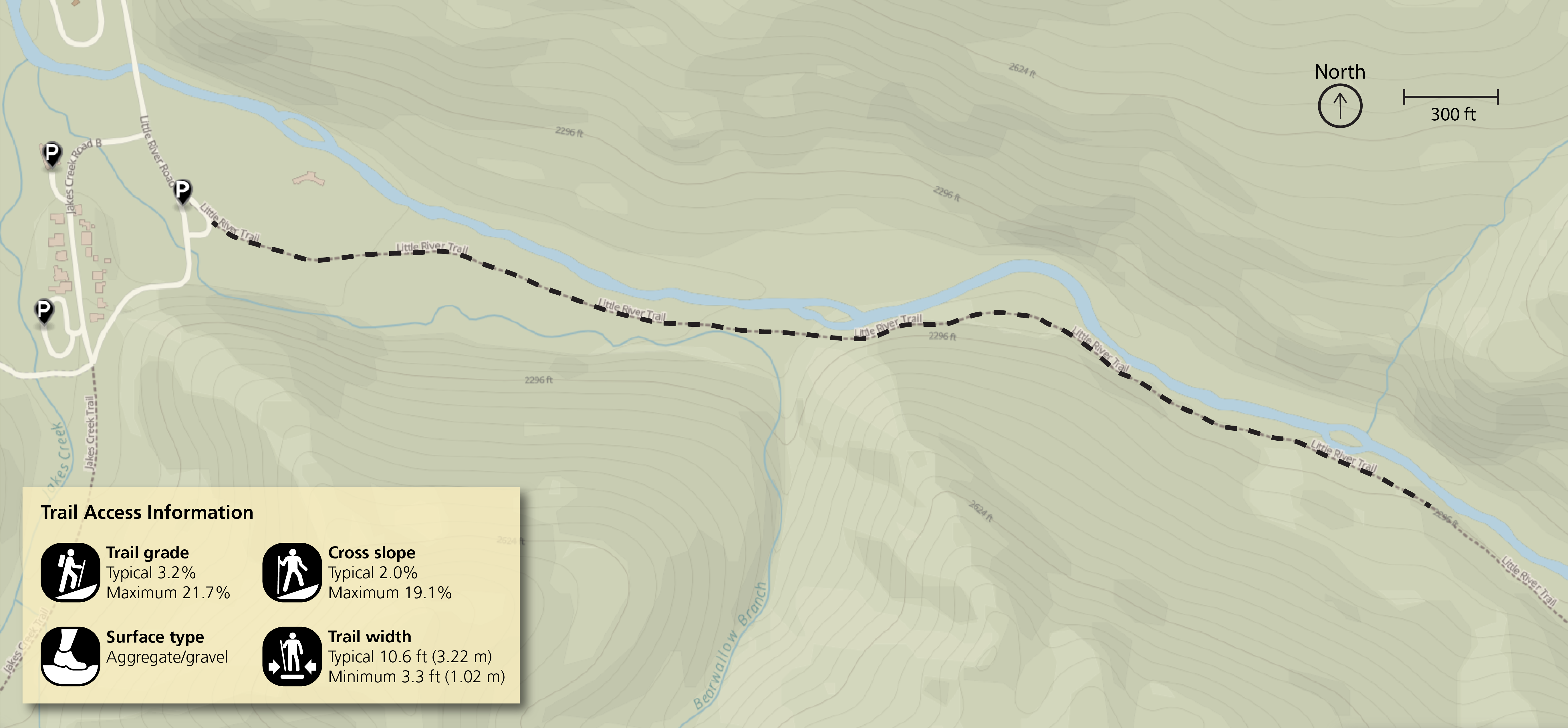 A map with a dashed line following a trail and information on the trail's slope, cross slope, width, and surface as described in the text to the side of the photo. Black and white icons visually represent slope and other "trail access information"