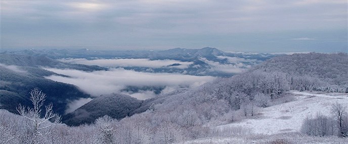 Fog fills the mountain valleys below Purchase Knob after a snowstorm.