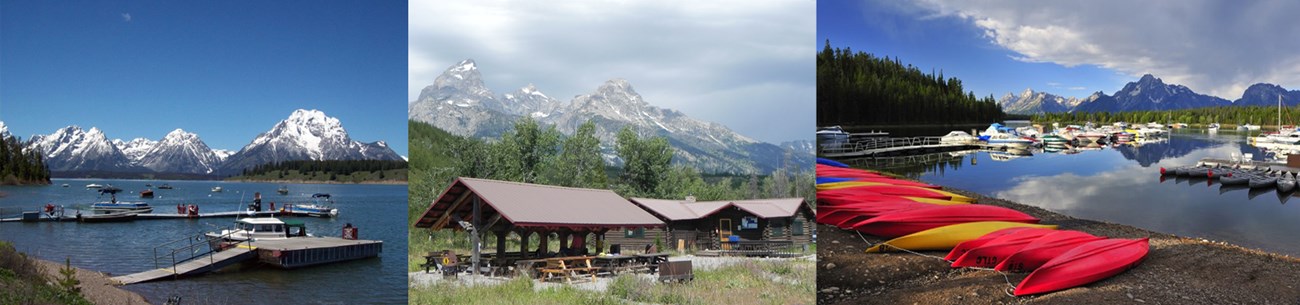 a marina, a log cabin and shade structure, and another marina with kayaks resting on the shore