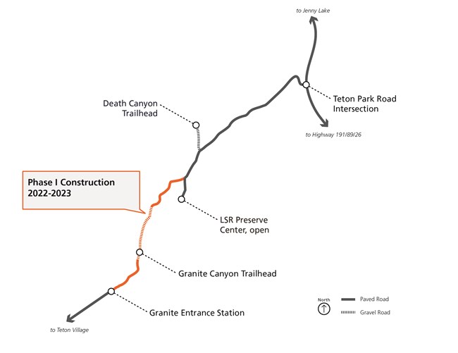 Map showing that construction will take place on the southern half of the Moose-Wilson Road in phase I between the Granite Entrance and LSR Preserve.