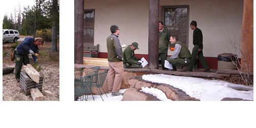 Preservation carpenters working on peeling logs for log replacement on a historic building; PAST leader teaching a group to assess wood column conditions.