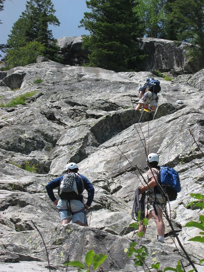 rock climbers on a wall