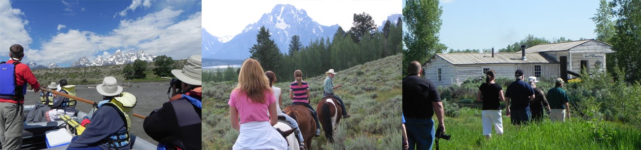 guided rowing a raft with passengers, people on horseback, group walking toward a white historic building