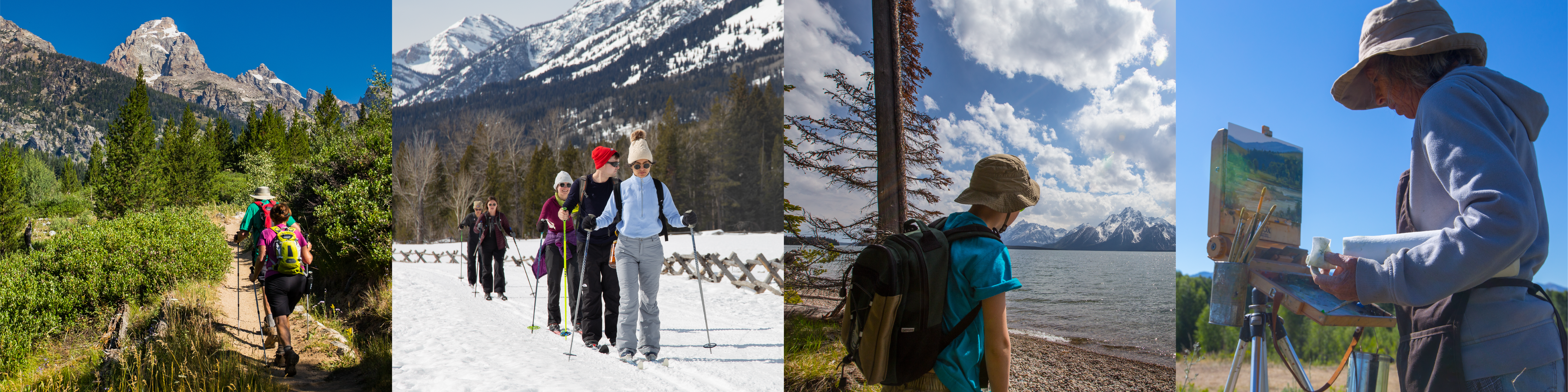 four photos showing people hiking, biking, taking photos, and painting in the park.