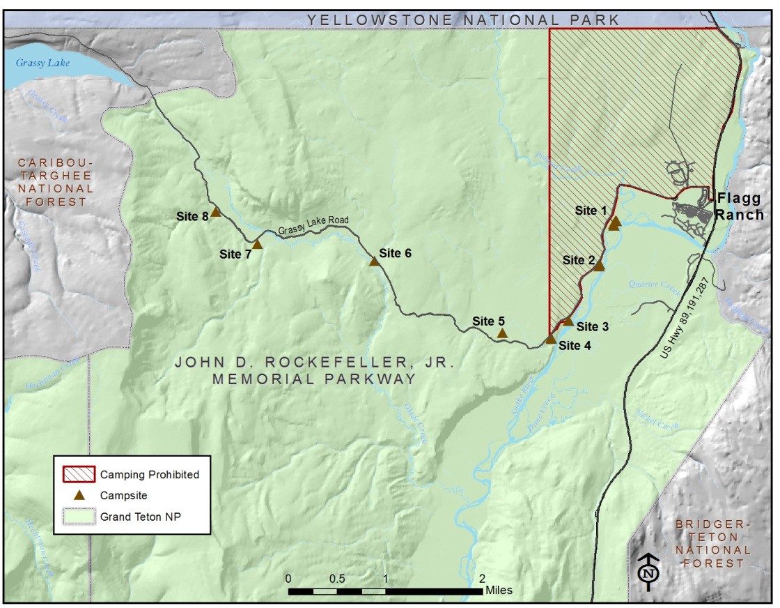 Map of camping in the Rockefeller Parkway described in text