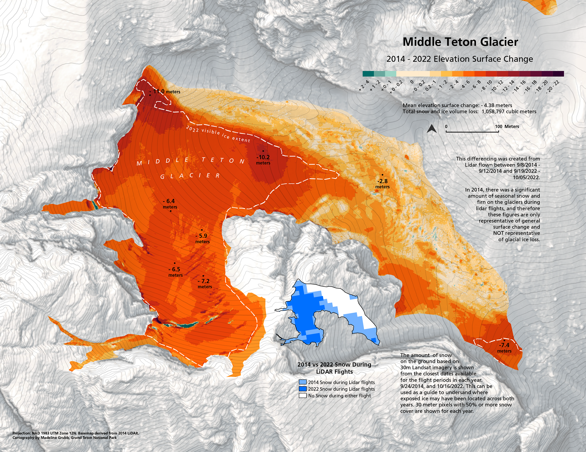 LiDAR map shows that surface elevation dropped across nearly the entire surface of Middle Teton Glacier