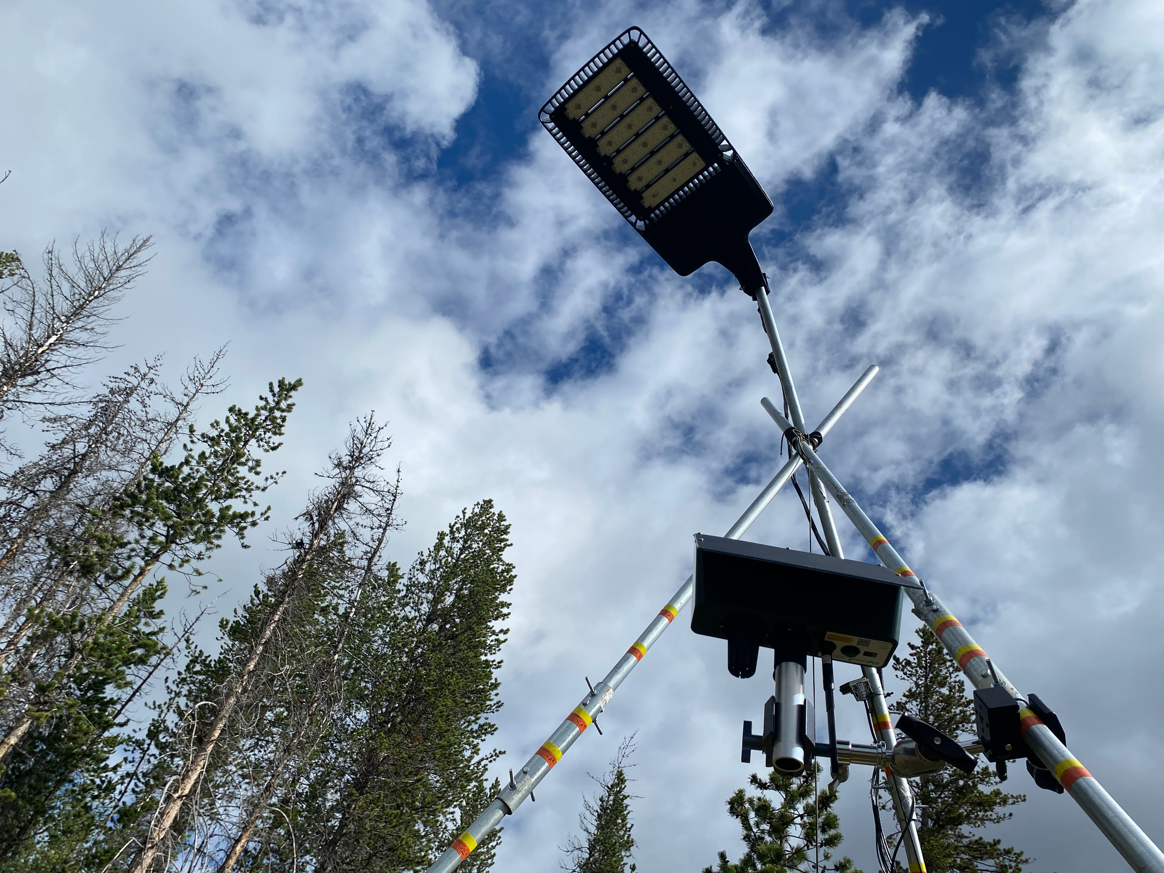 A luminary tripod stands unlit in the daylight, with a tree line in the background