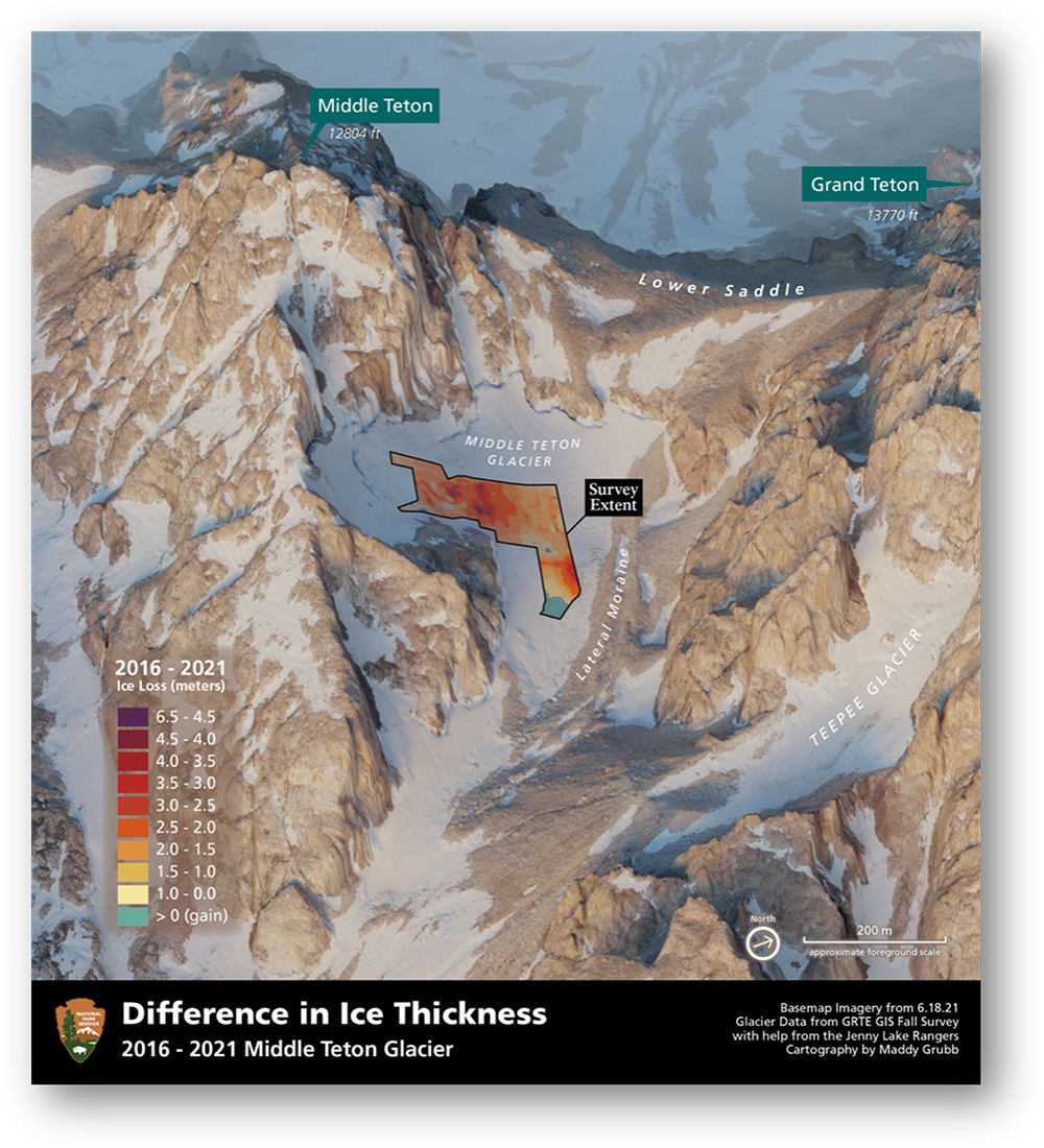 Between 2016 and 2021, the distance between bedrock and the ice surface lowered across much of Middle Teton Glacier's extent