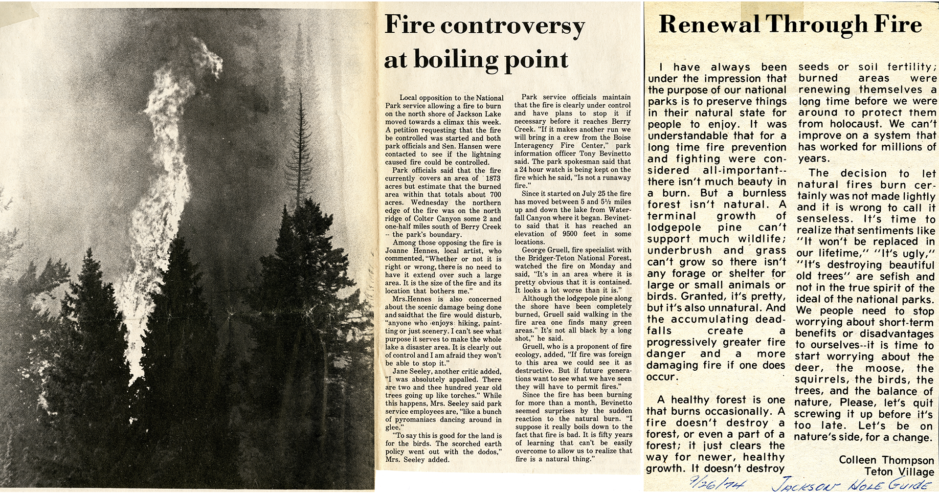 Two newspaper articles discuss the Waterfalls Canyon Fire, one positive and one negative.