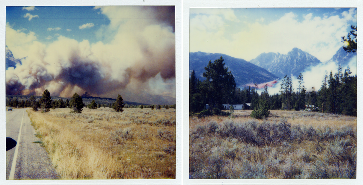 Left image: as cars drive along the park highway, a smoke plume billows in the background in front of the mountains. Right image: a plane drops pink retardant against the backdrop of the Tetons.