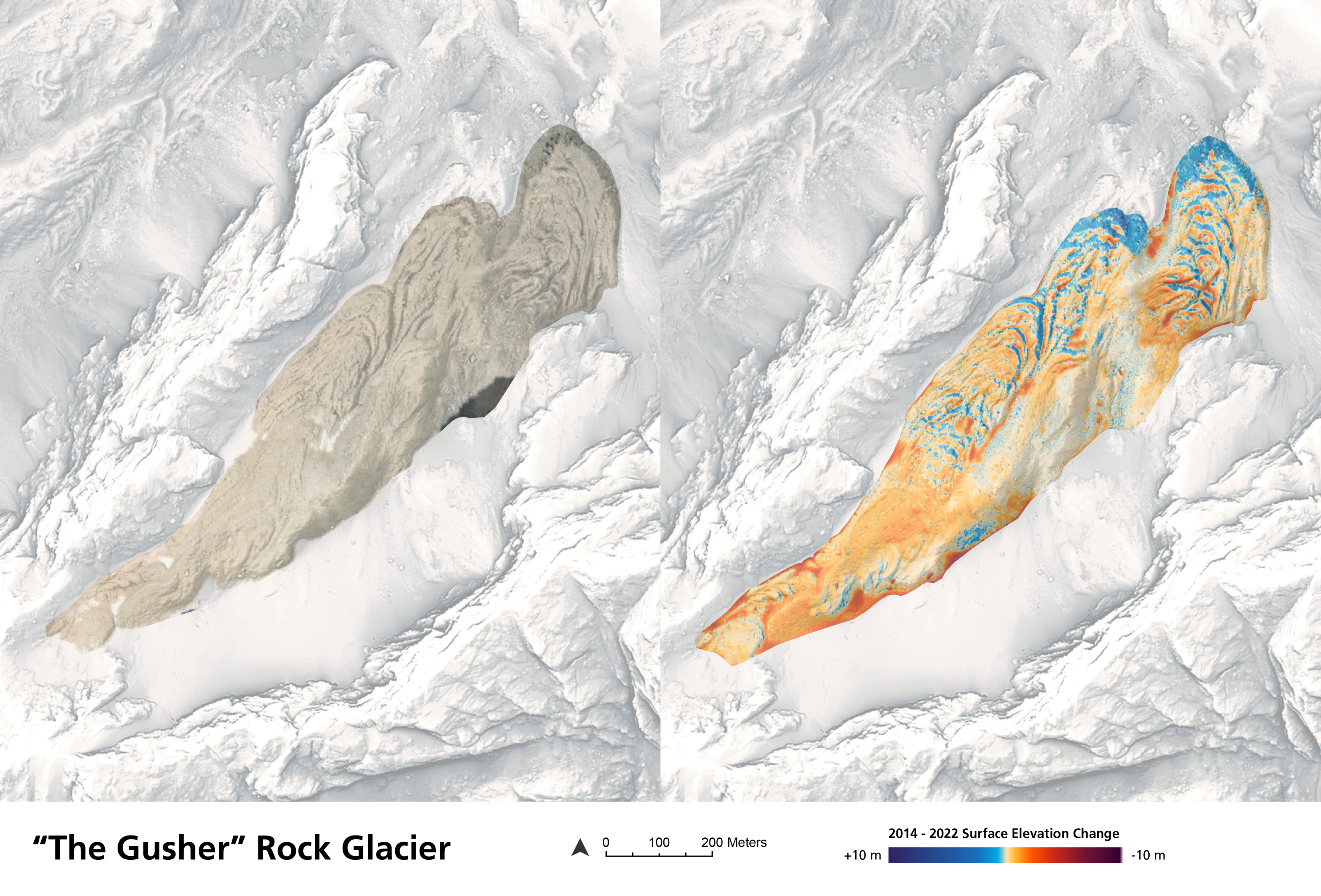 Two images of "The Gusher" rock glacier viewed from above, the first showing the debris-covered surface, the second showing the changes in elevation observed through LiDaR.