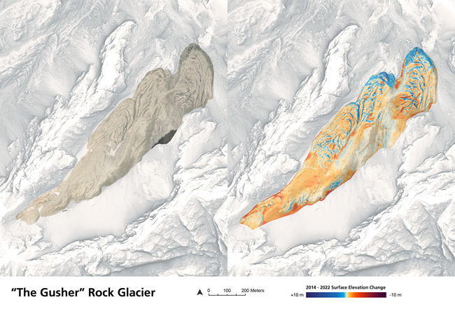 Two images of "The Gusher" rock glacier viewed from above, the first showing the debris-covered surface, the second showing the changes in elevation observed through LiDaR.