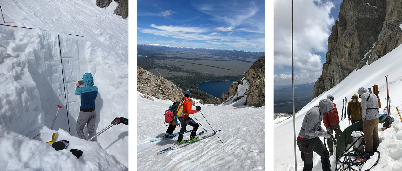 Left: A researcher takes measurements in a snow pit. Middle: Two researchers stand on their skis overlooking the meadows below the Tetons. Right: Several researchers gather around a steam drill to install ablation stakes.