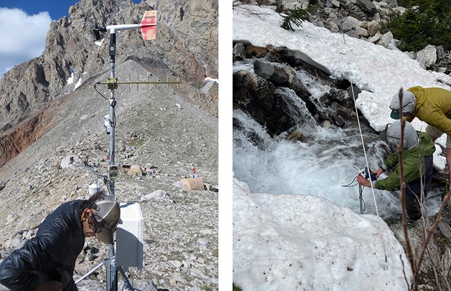 Left: A member of the glacier monitoring crew stands by a weather station on the lower saddle. Right: The glacier monitoring crew collects measurements from a stream that is partially covered by snow