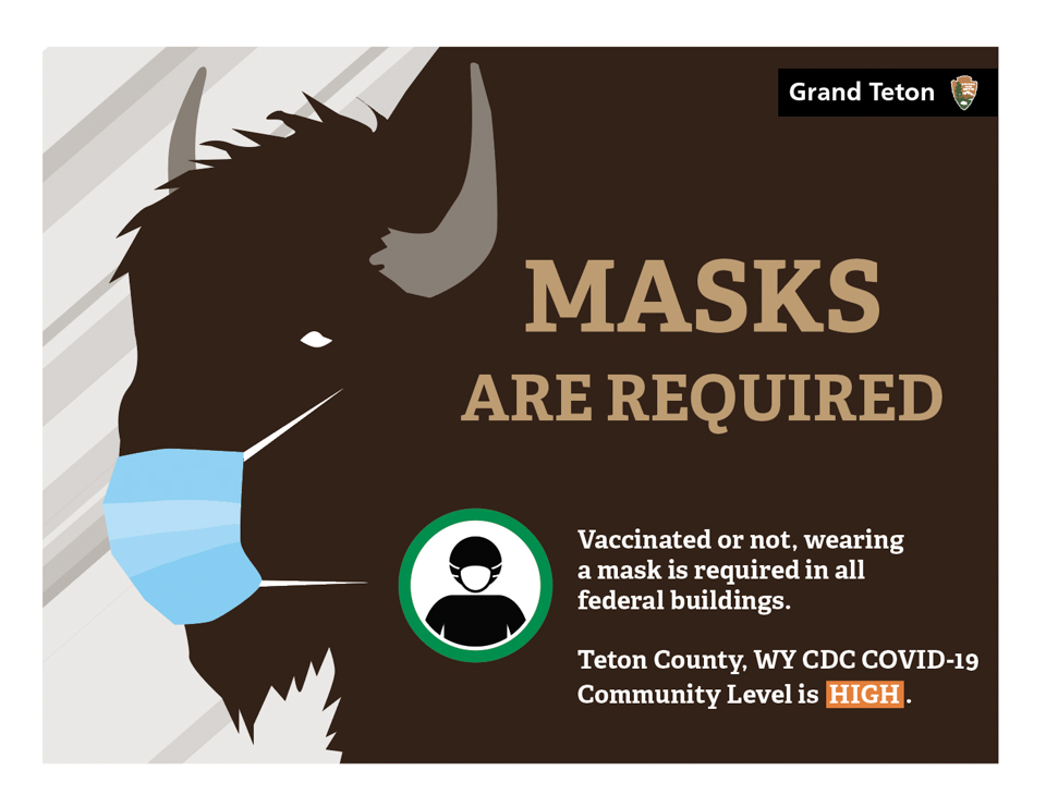 Mask required sign with masked bison