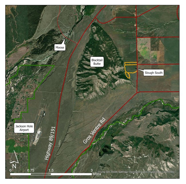 Slough South Unit highlighted in yellow on an aerial map of the southern portion of Grand Teton National Park