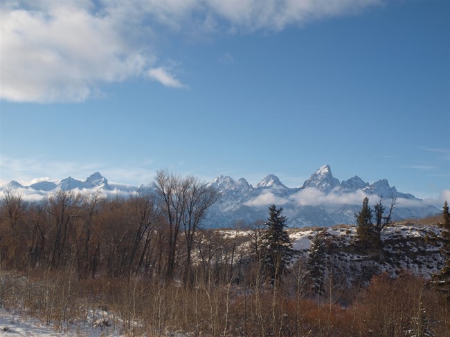 View of Teton Range from the east side of Grand Teton National Park in early winter