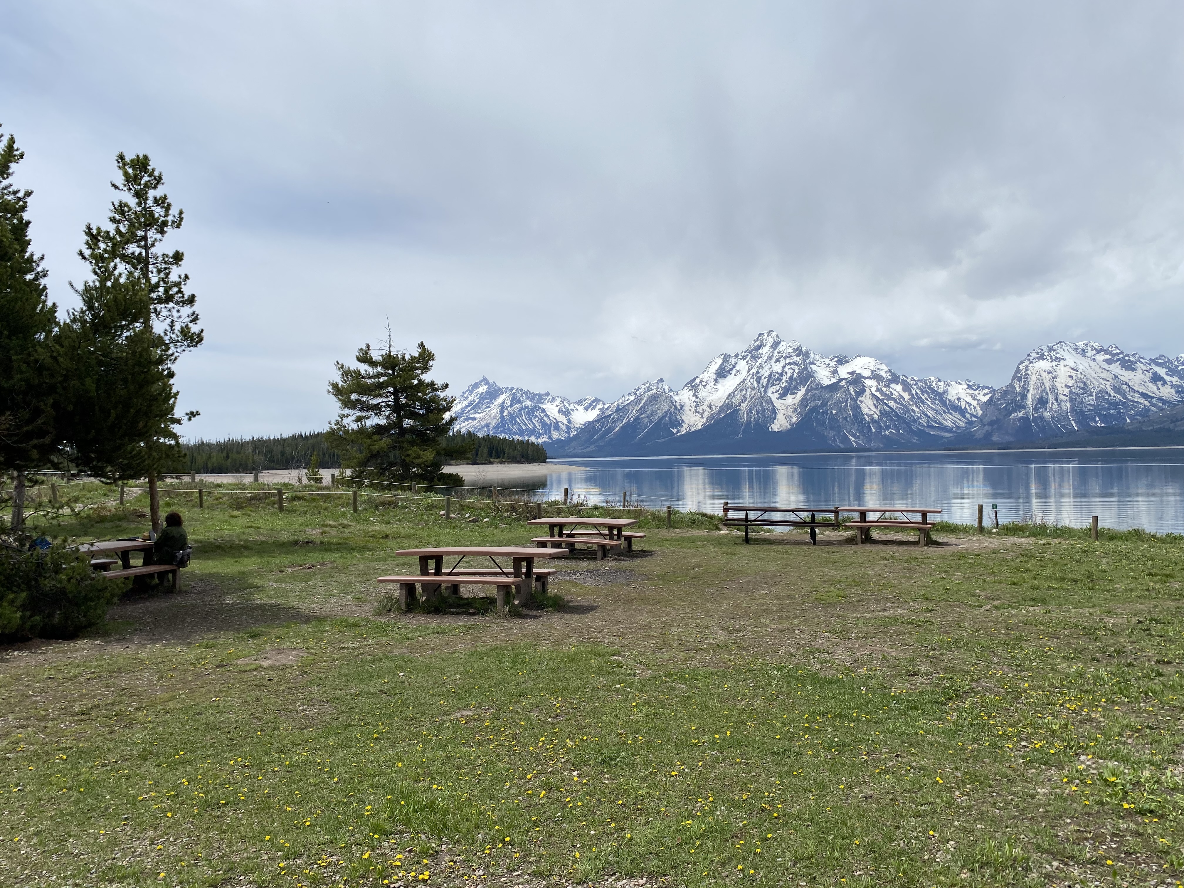 Picnic tables set in front of a view of Mount Moran across Jackson Lake