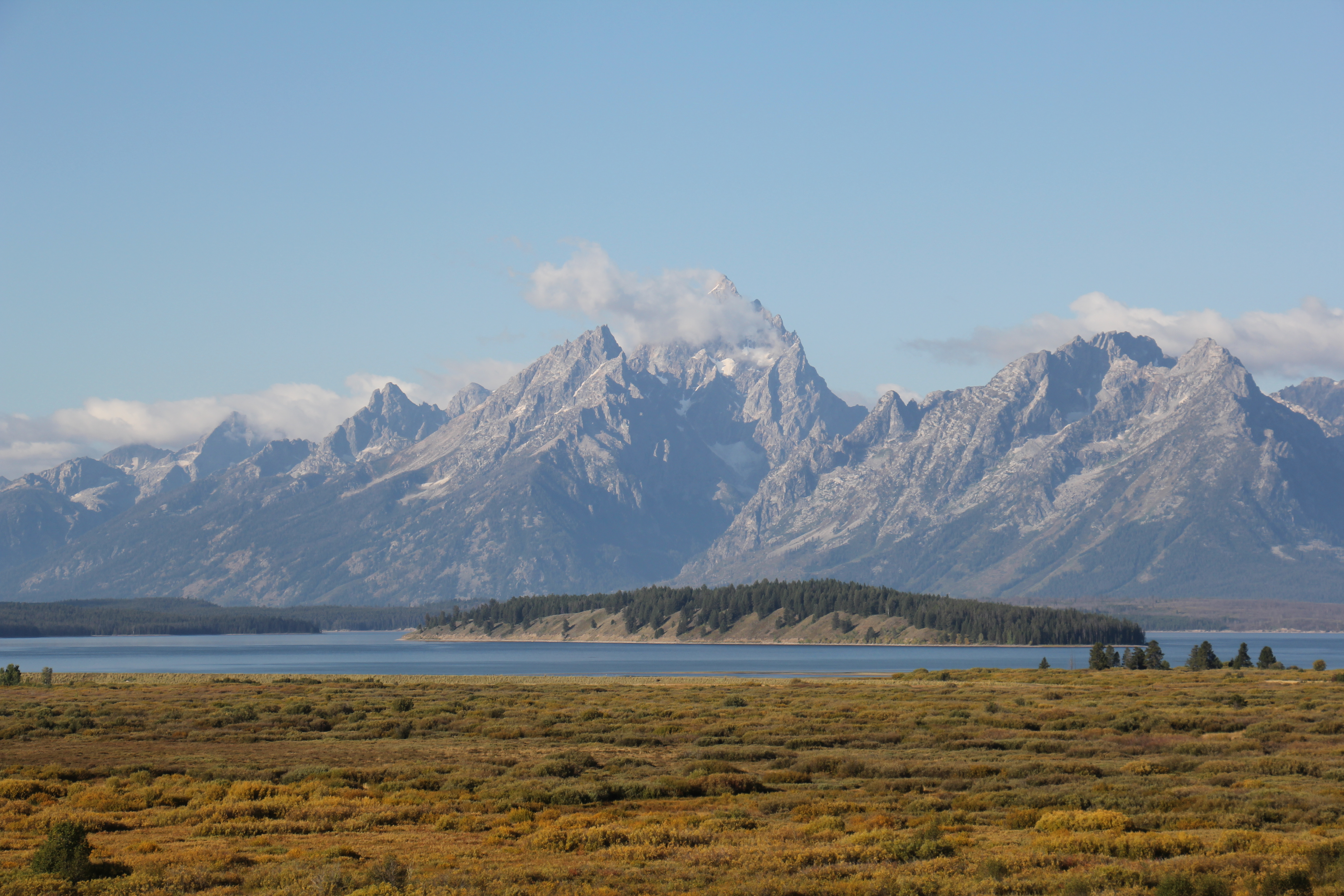 A mountain range above a flat meadow filled with vegetation.