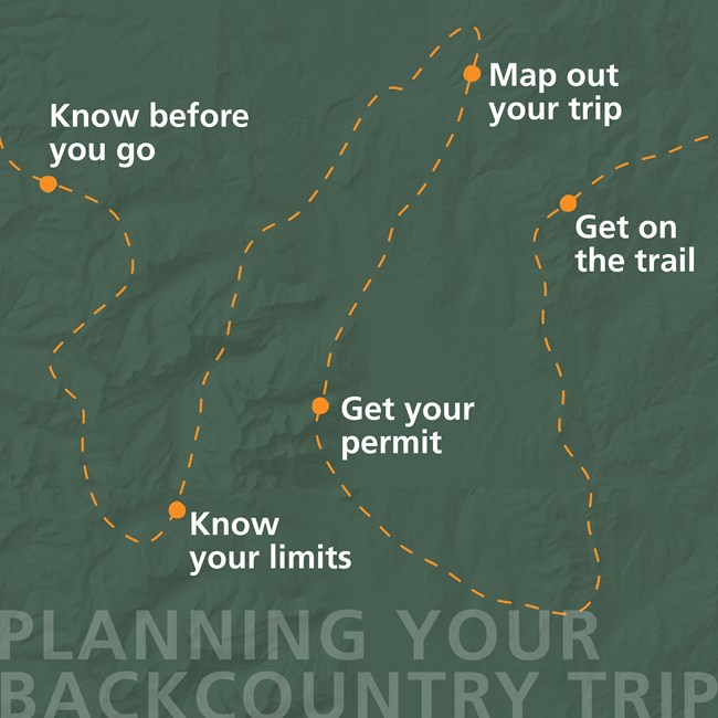 Steps laid out on a trail: Know before you go, know your limits, map out your trip, get your permit, get on the trail