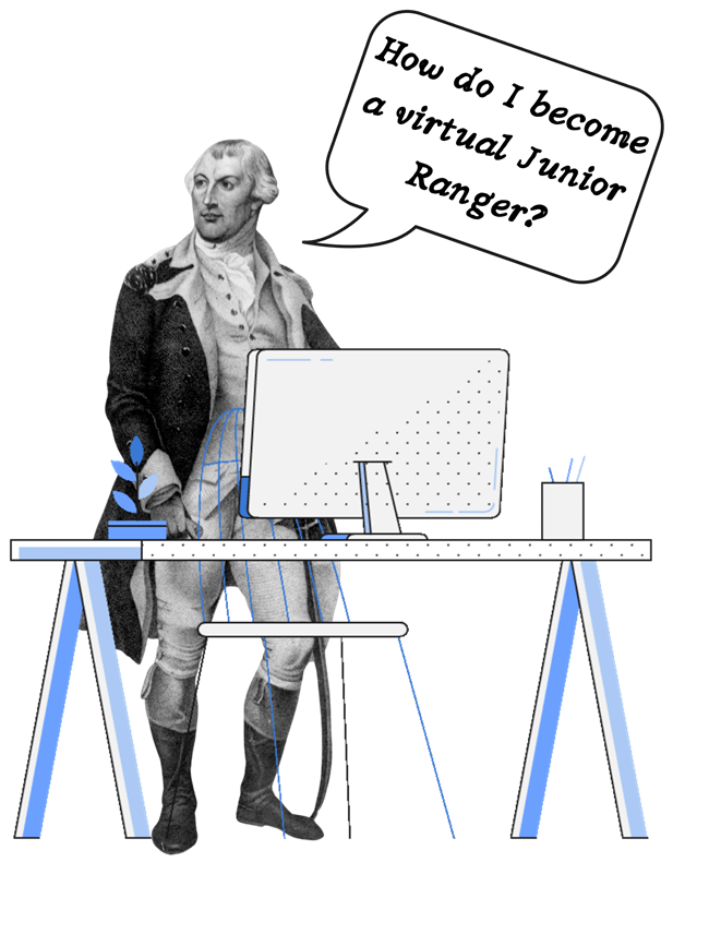 Gen Greene stands behind a computer desk pondering how to become a Virtual Junior Ranger