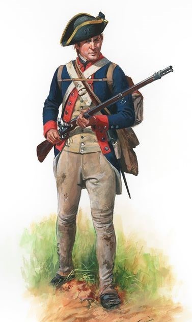 Continental Soldier from Delaware holding musket and wearing cocked hat with gold band