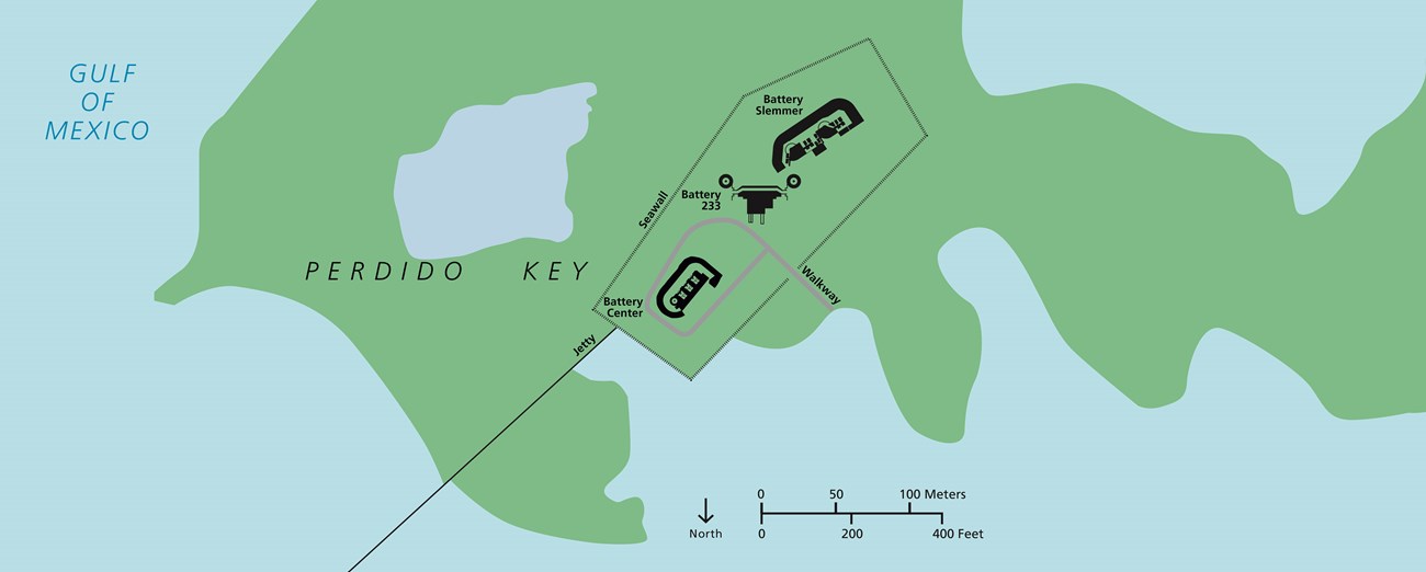 A map showing three defensive positions on the end of a narrow island.