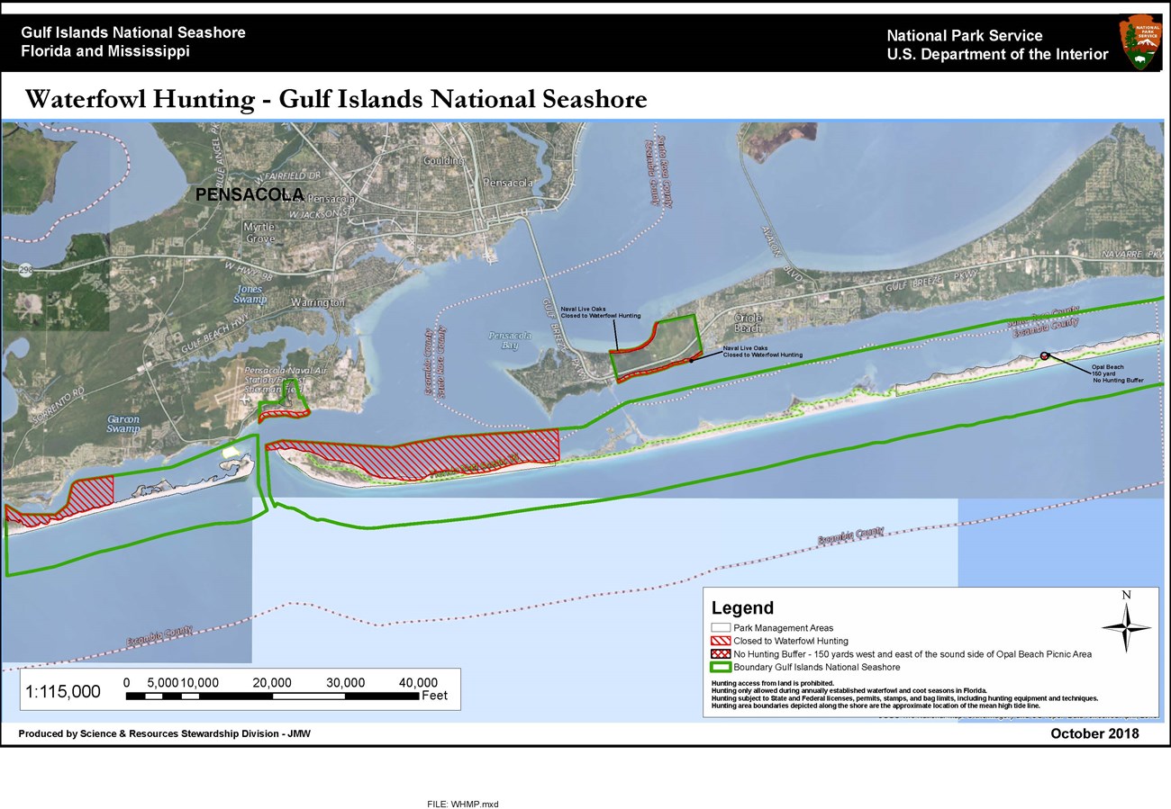 Map of the Pensacola Bay area showing park boundary lines and no hunting areas within those boundaries.