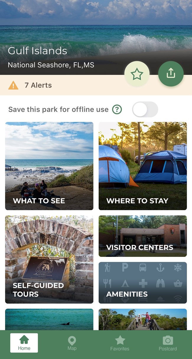 Homescreen of the app showing colorful tiles with picnic areas, what to see, tours, transportation, and more.