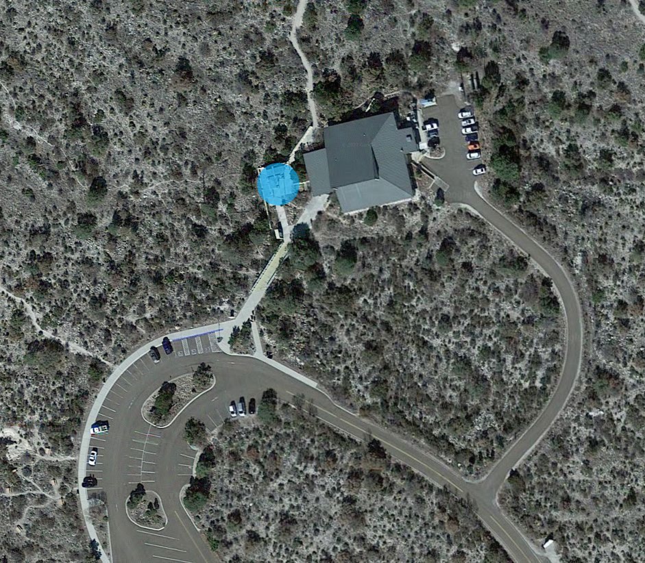 Satellite photograph showing the area at the patio and pergola located in front of the visitor center building.