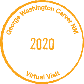 Circular orange stamp with the text George Washington Carver NM  Virtual Visit 2020
