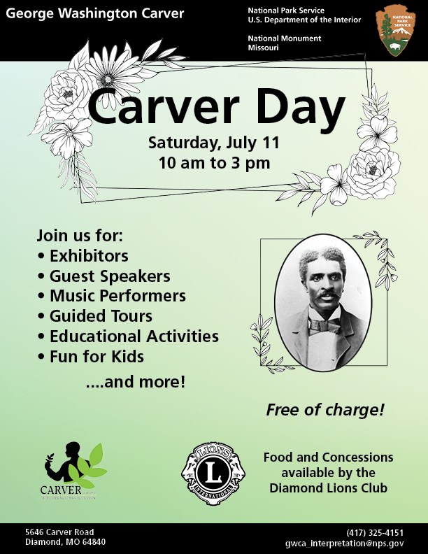 Infographic for park special event.  Black and white photograph of George Washington Carver.