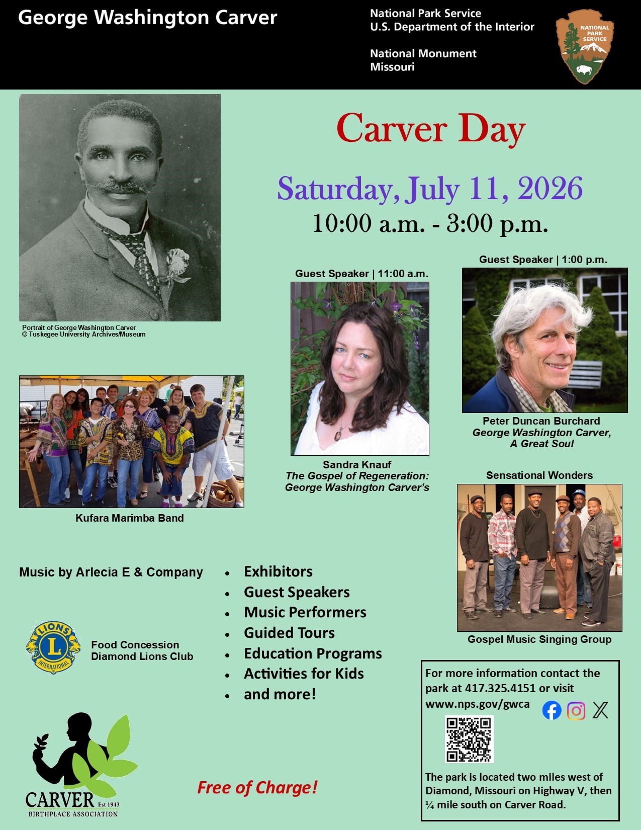 Infographic for park special event.  Black and white photograph of George Washington Carver. Other images include guest speaker and music performers.