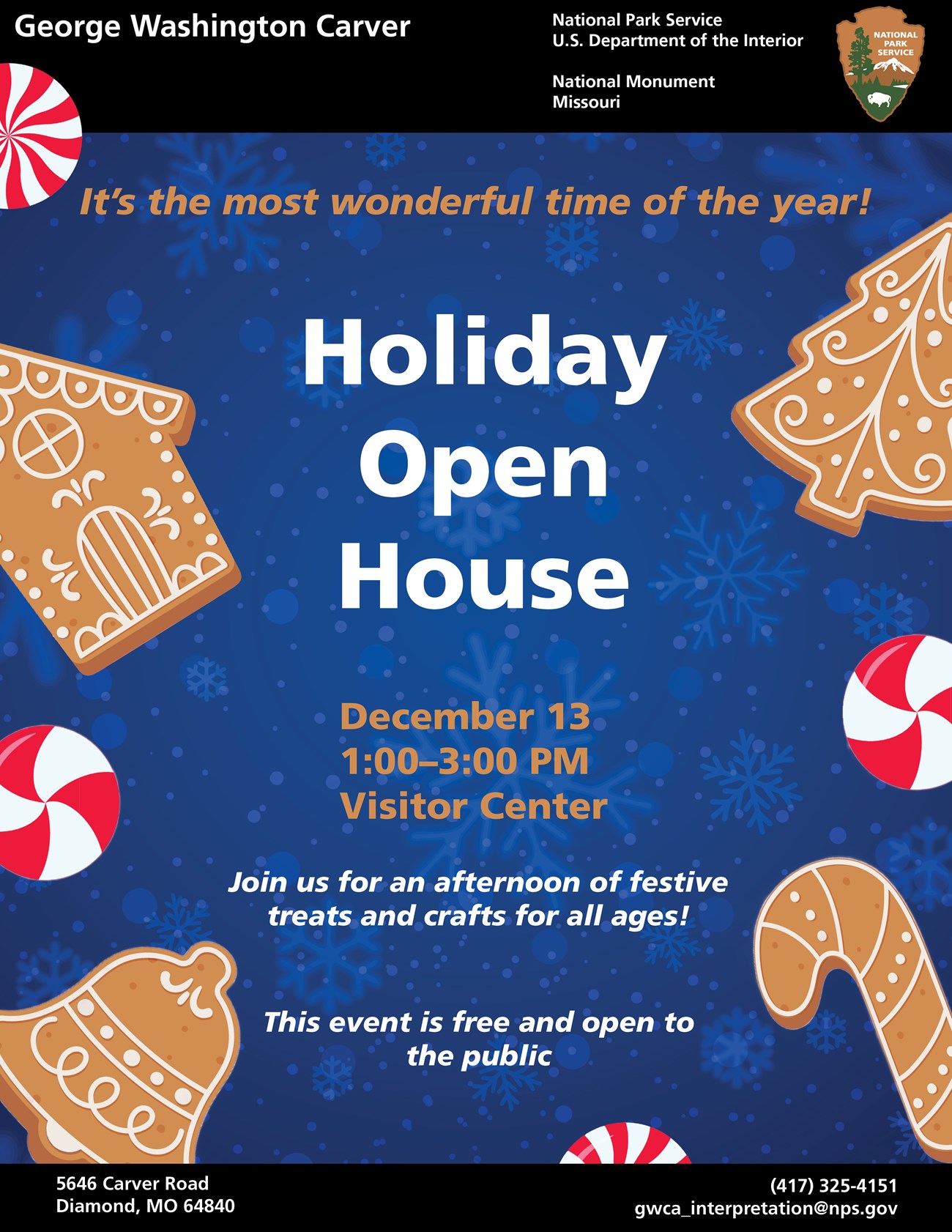 Infographic for Holiday Open House with graphics of brown gingerbread ornaments and red and white candy.