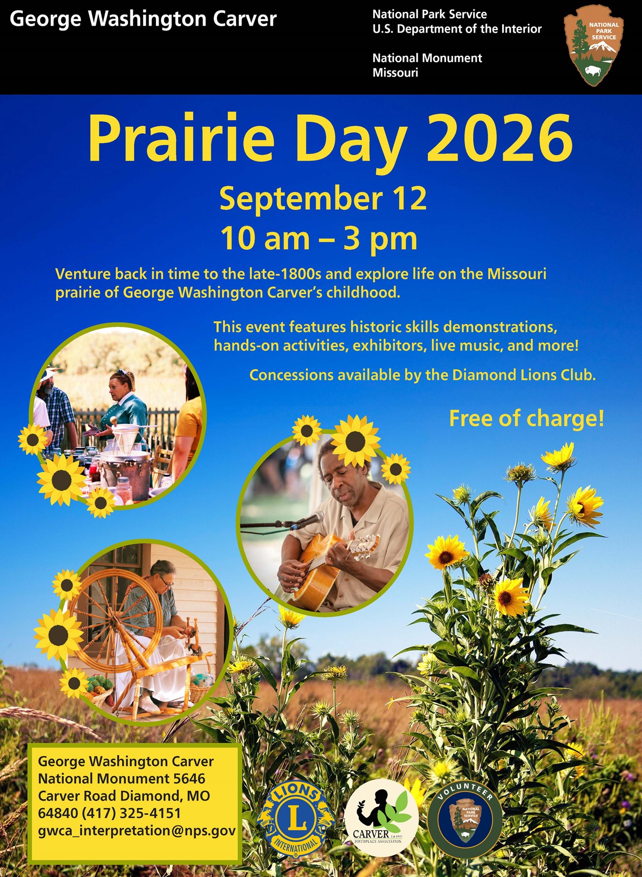Infographic for park special event. Images include a man playing a guitar; a woman spinning wool, a woman talking to visitors, sunflowers, and prairie glasses.