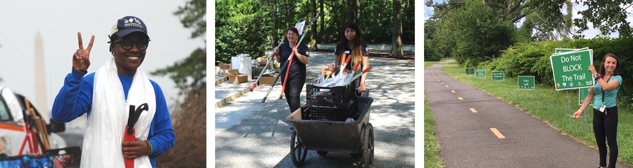 3 separate photos of youth interns working in various locations in the park
