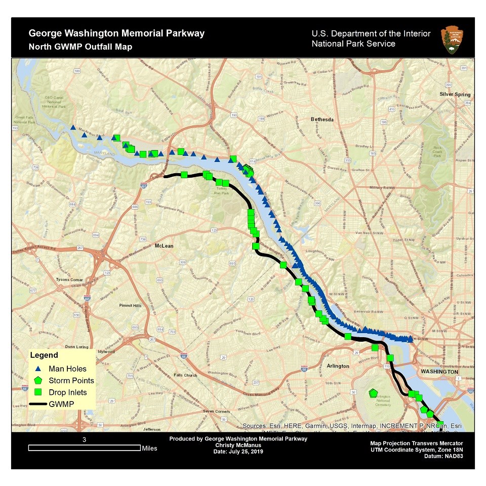 Map of the Parkway showing where all the outfalls are located on the north section.