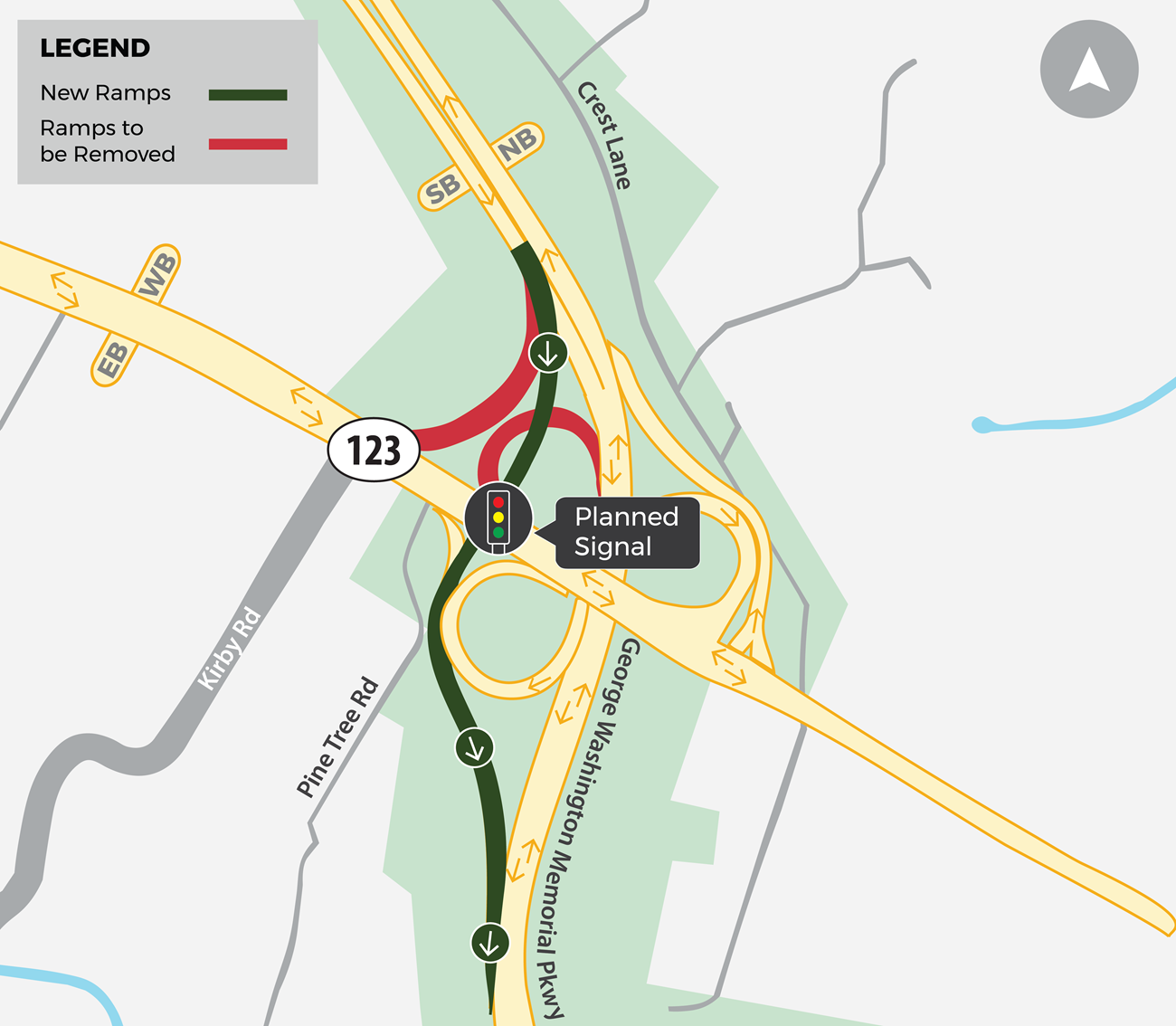 Aerial view of Route 123 and the proposed GWMP Interchange Option One. The curved sections in purple would be removed and the proposed configuration is in blue and is more linear. The Limits of Disturbance boundary is a dashed yellow line.